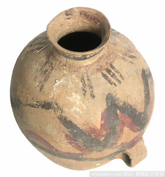 马家窑文化 马厂类型 黑红彩太阳山水纹罐